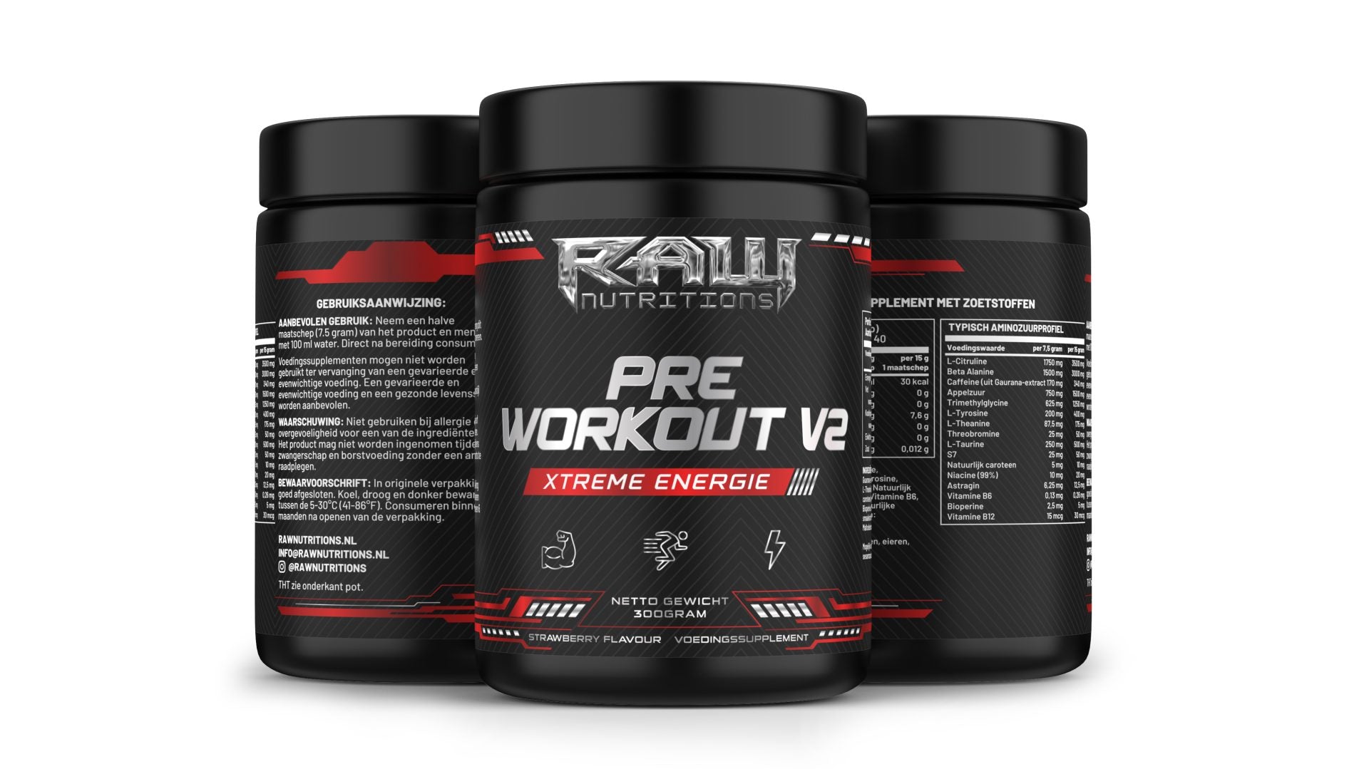 Pre Workout V2 - 300g energy supplement, featuring key ingredients like caffeine and beta-alanine.