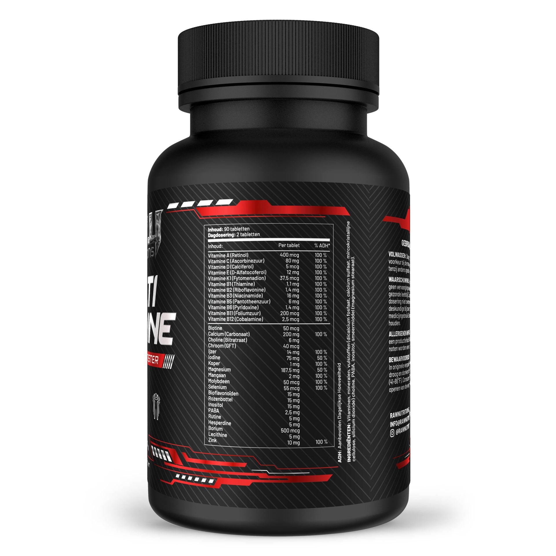 Multivitamine van RawSupps met een uitgebalanceerde mix van vitamines en mineralen in een zwarte fles.