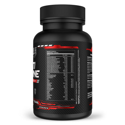 Multivitamine van RawSupps met een uitgebalanceerde mix van vitamines en mineralen in een zwarte fles.