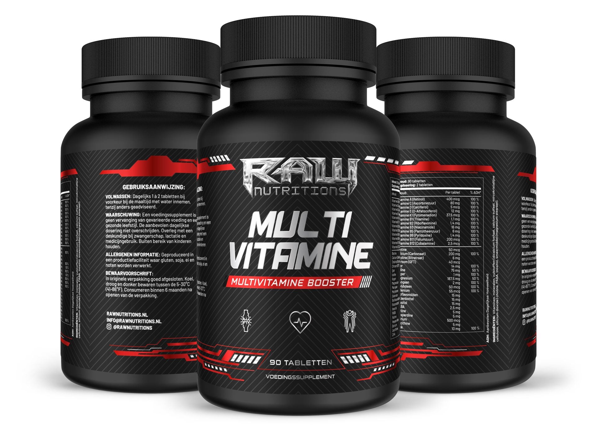 Multivitamine van RawSupps met vitamines en mineralen voor dagelijkse ondersteuning, inclusief magnesium en zink.