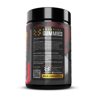 Pot met creatine gummies met etiket en informatie